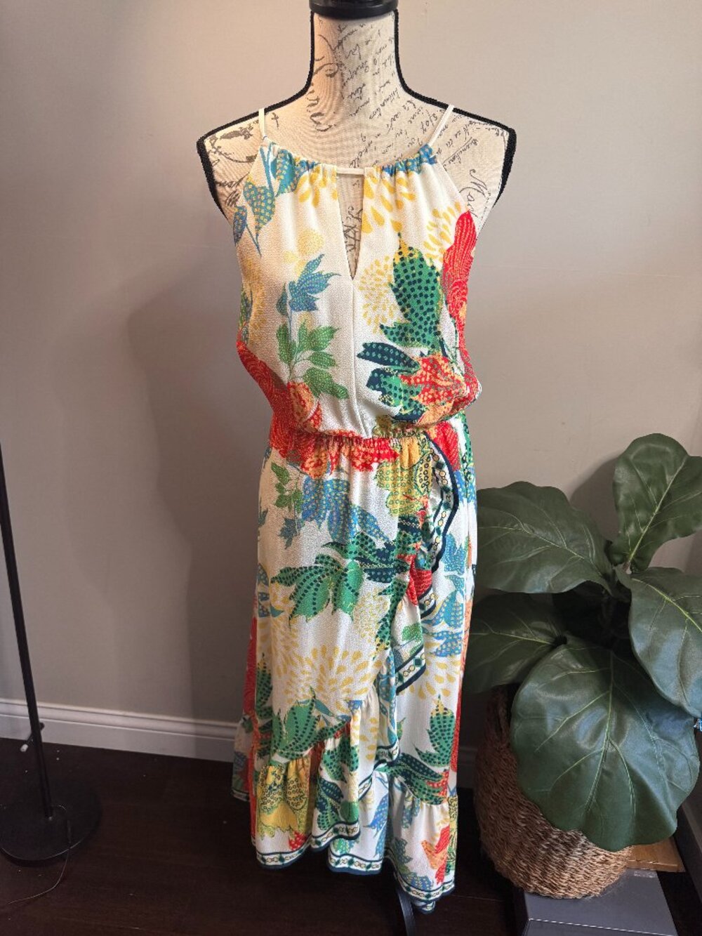 VICI Tropical Print Maxi Dress Small Boho Ruffle Hem Resort Vacation Summer Dres